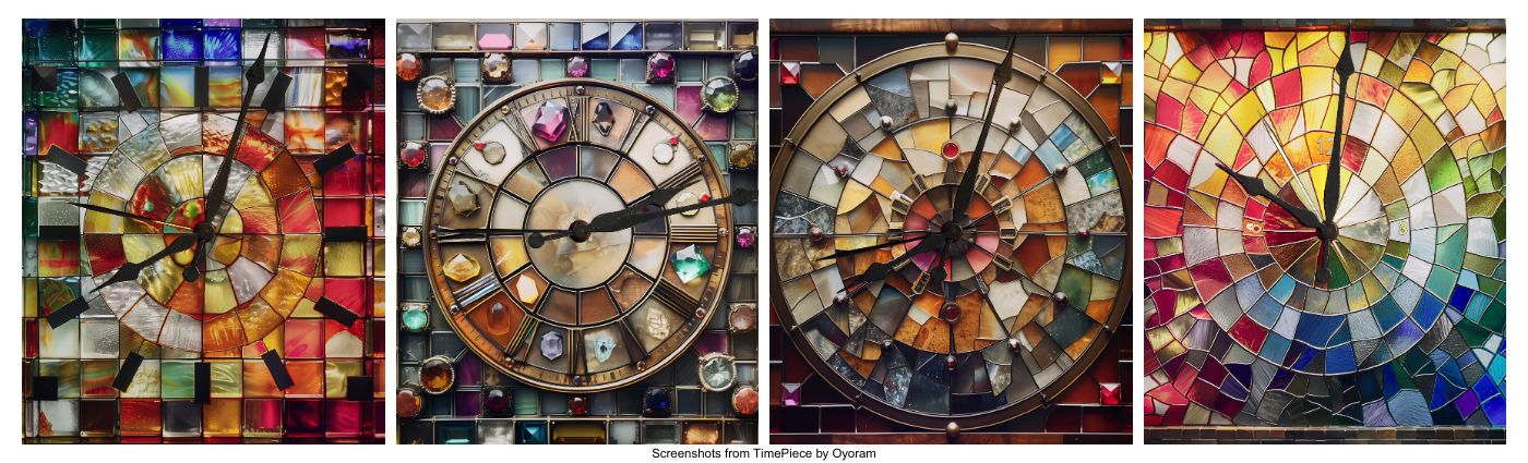 Timepiece by Oyoram Four photos of clockfaces that are graphically designed.