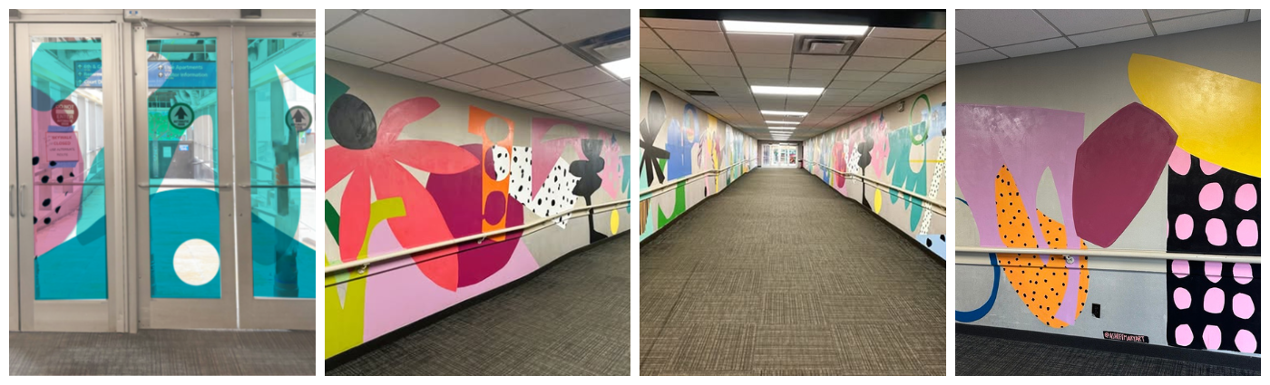 Ashley Mary Mural Four photos in a collage. The first is doors with bright vinyl,. The second, third and fourth photos are of a hallway covered in painted shapes from different angles.