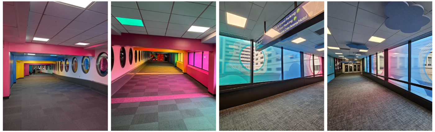 Joy Walk Phase One Four photos in a collage. The first two show brightly colored walls and colored vinyl on the windows. The last two show a hallway with clouds on the ceiling and vinyl on the window.