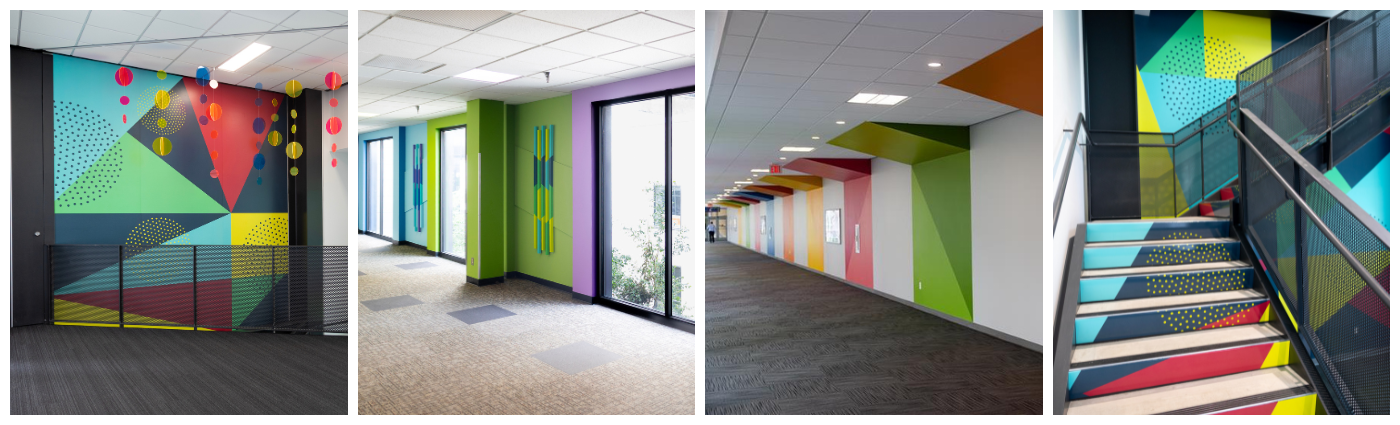 Skywalk Installations A collage of four photos. The first shows a ceiling suspended sculpture. The second shows three dimensional wall hangings. The third shows painted walls. The fourth shows a set of stairs colored with geometric shapes and bright colors.