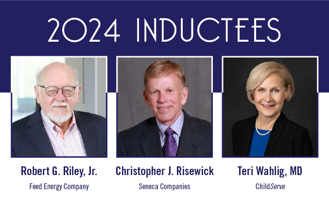 2024 Inductees for the Iowa Business Hall of Fame includes Robert G. Riley Jr, Christopher J. Risewick and Teri Wahlig, MD